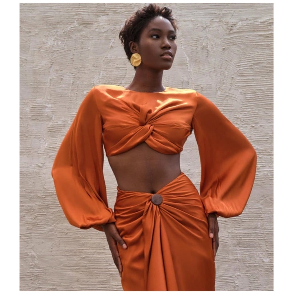 Andrea Iyamah | Bubble Sleeve Front Twist Satin Behati Rust Cropped Top | XS